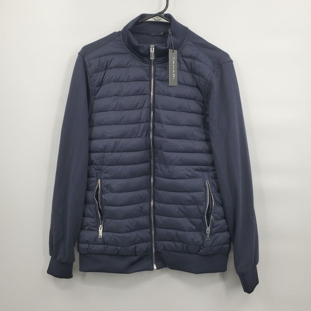 TAHARI Quilted Mix Zip Up Mock Neck Jacket Men Size Small NWT Navy Blue